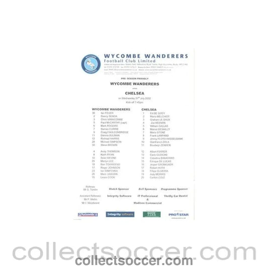 2002 - Wycombe Wanderers v Chelsea official colour teamsheet 31/07/2002 Pre - Season Friendly - Collect Soccer