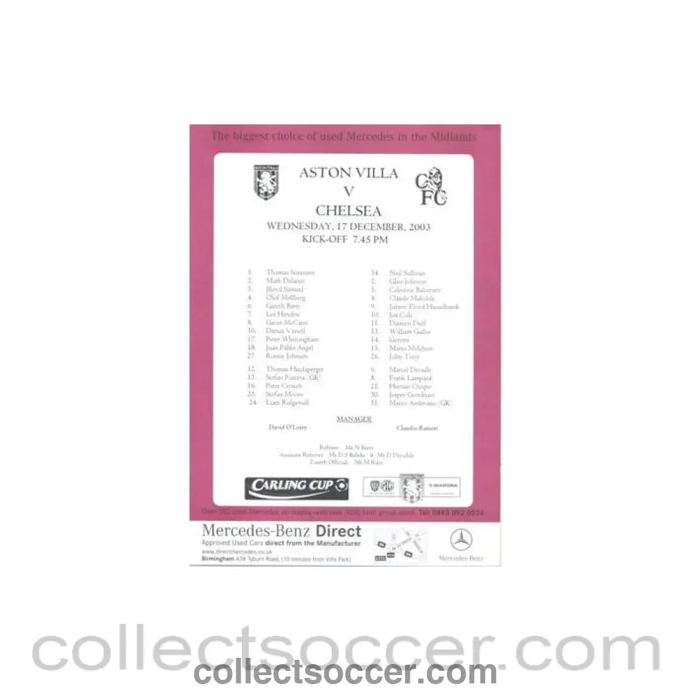 2003 - Aston Villa v Chelsea official colour teamsheet 17/12/2003 Carling Cup - Collect Soccer