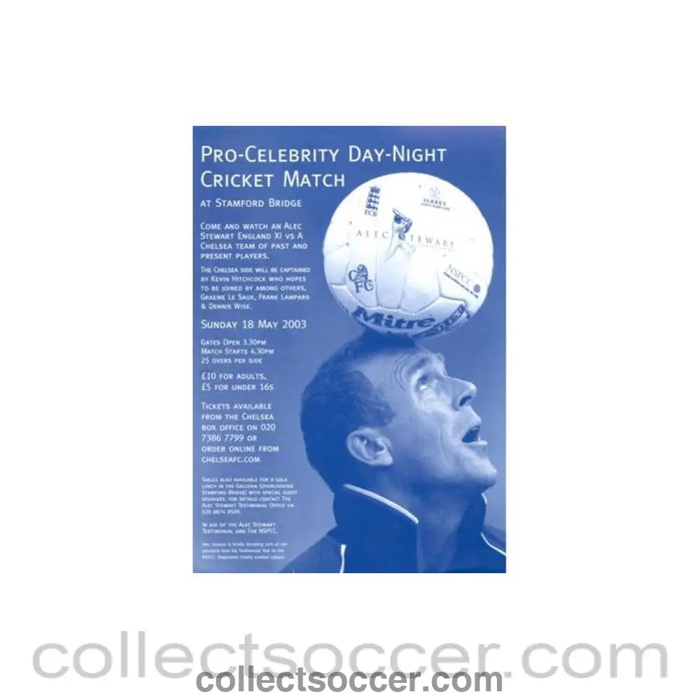 2003 - At Chelsea - Pro-Celebrity Day-Night Cricket Match leaflet 18/05/2003