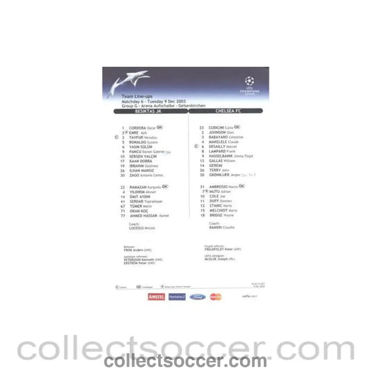 2003 - Besiktas v Chelsea official colour teamsheet 09/12/2003 Champions League - Collect Soccer