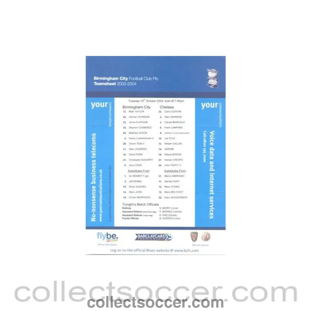 2003 - Birmingham v Chelsea official colour teamsheet 14/10/2003 Premier League - Collect Soccer