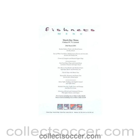 2003 - Chelsea v Arsenal Fishnets menu 25/03/2003