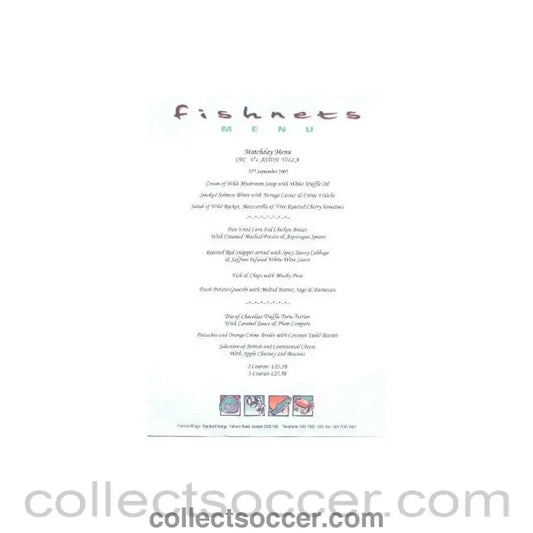 2003 - Chelsea v Aston Villa Fishnets menu 27/09/2003 Premier League