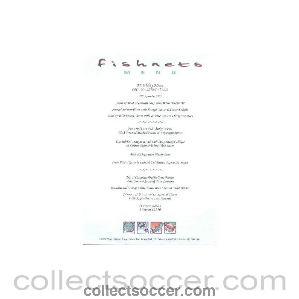 2003 - Chelsea v Aston Villa Fishnets menu 27/09/2003 Premier League - Collect Soccer