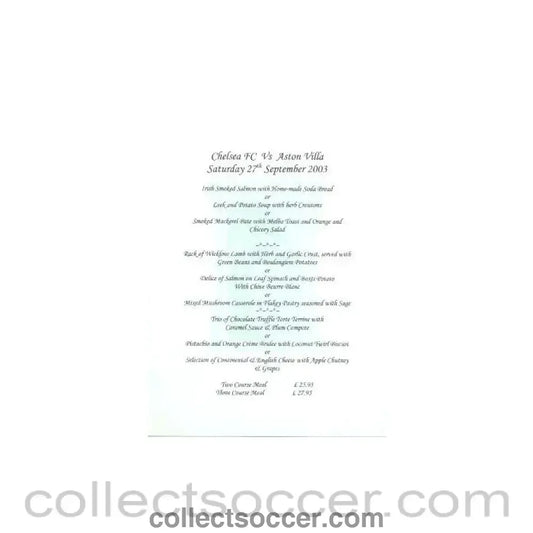 2003 - Chelsea v Aston Villa not branded menu 27/09/2003 Premier League
