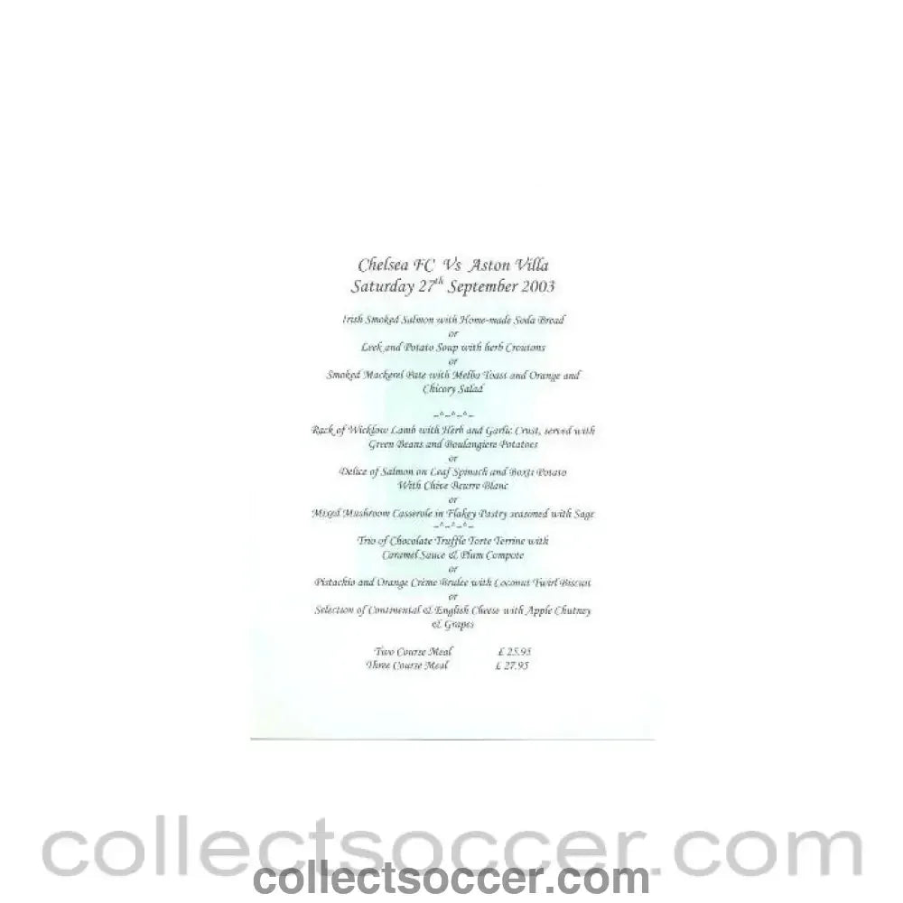 2003 - Chelsea v Aston Villa not branded menu 27/09/2003 Premier League - Collect Soccer
