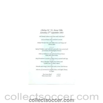 2003 - Chelsea v Aston Villa not branded menu 27/09/2003 Premier League - Collect Soccer