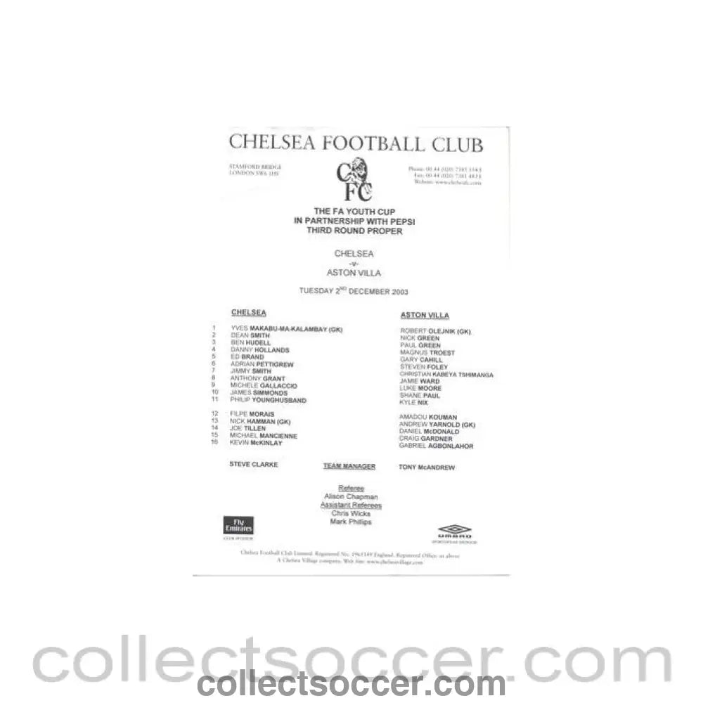 2003 - Chelsea v Aston Villa teamsheet 02/12/2003 F.A. Youth Cup - Collect Soccer