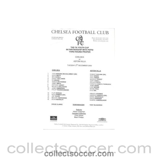 2003 - Chelsea v Aston Villa teamsheet 02/12/2003 F.A. Youth Cup - Collect Soccer
