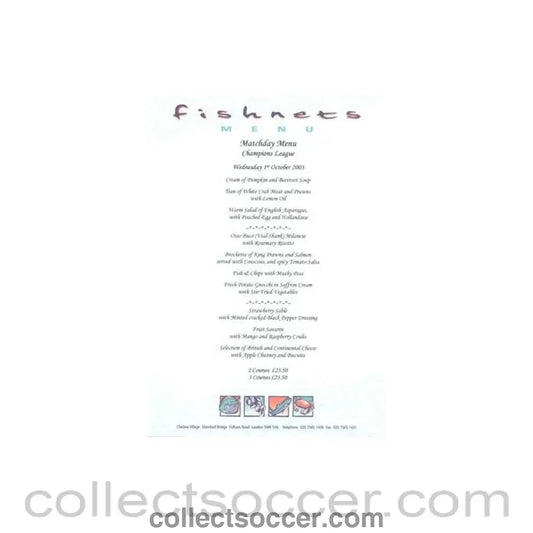2003 - Chelsea v Besiktas Fishnets menu 01/10/2003 Champions League