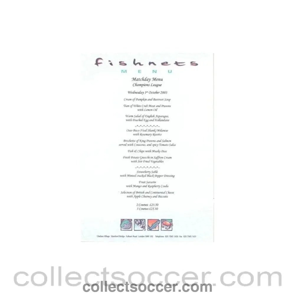 2003 - Chelsea v Besiktas Fishnets menu 01/10/2003 Champions League - Collect Soccer
