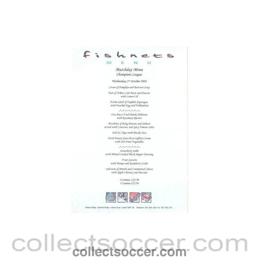 2003 - Chelsea v Besiktas Fishnets menu 01/10/2003 Champions League - Collect Soccer