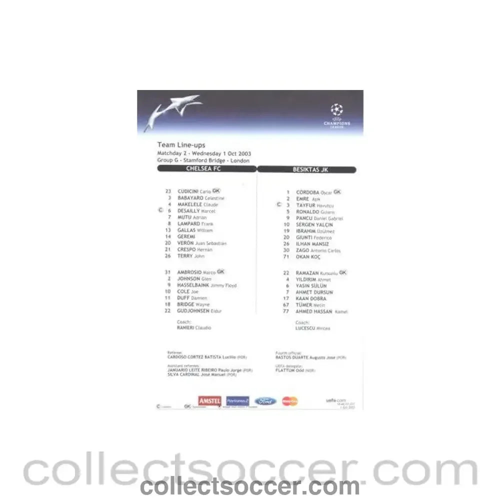 2003 - Chelsea v Besiktas Fishnets official colour teamsheet 01/10/2003 Champions League - Collect Soccer