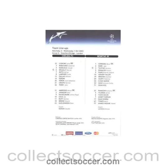2003 - Chelsea v Besiktas Fishnets official colour teamsheet 01/10/2003 Champions League