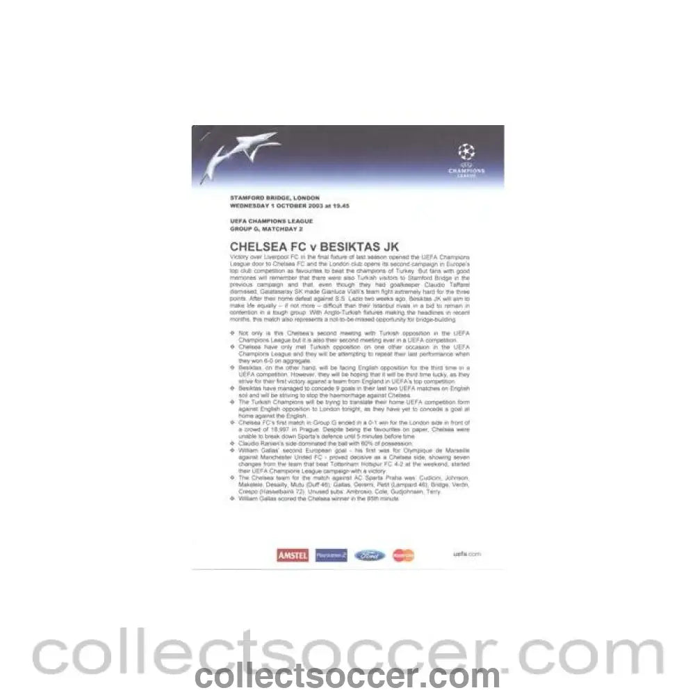 2003 - Chelsea v Besiktas press pack 01/10/2003 Champions League - Collect Soccer