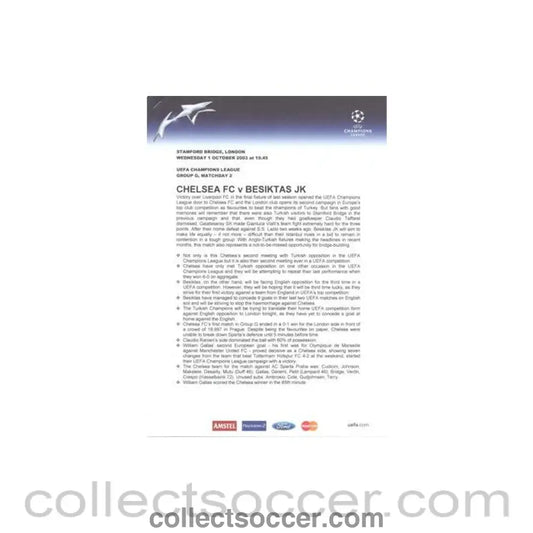 2003 - Chelsea v Besiktas press pack 01/10/2003 Champions League - Collect Soccer