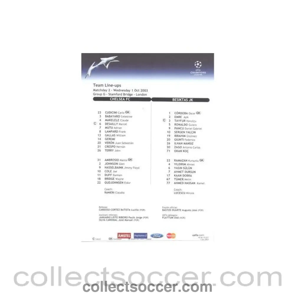 2003 - Chelsea v Besiktas teamsheet 01/10/2003 Champions League - Collect Soccer