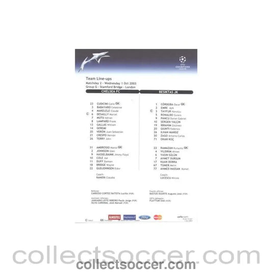 2003 - Chelsea v Besiktas teamsheet 01/10/2003 Champions League - Collect Soccer