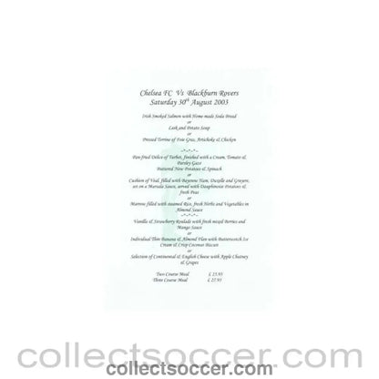 2003 - Chelsea v Blackburn Rovers Arkles menu 30/08/2003 Premier League - Collect Soccer