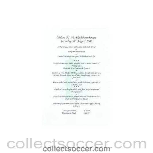 2003 - Chelsea v Blackburn Rovers Arkles menu 30/08/2003 Premier League