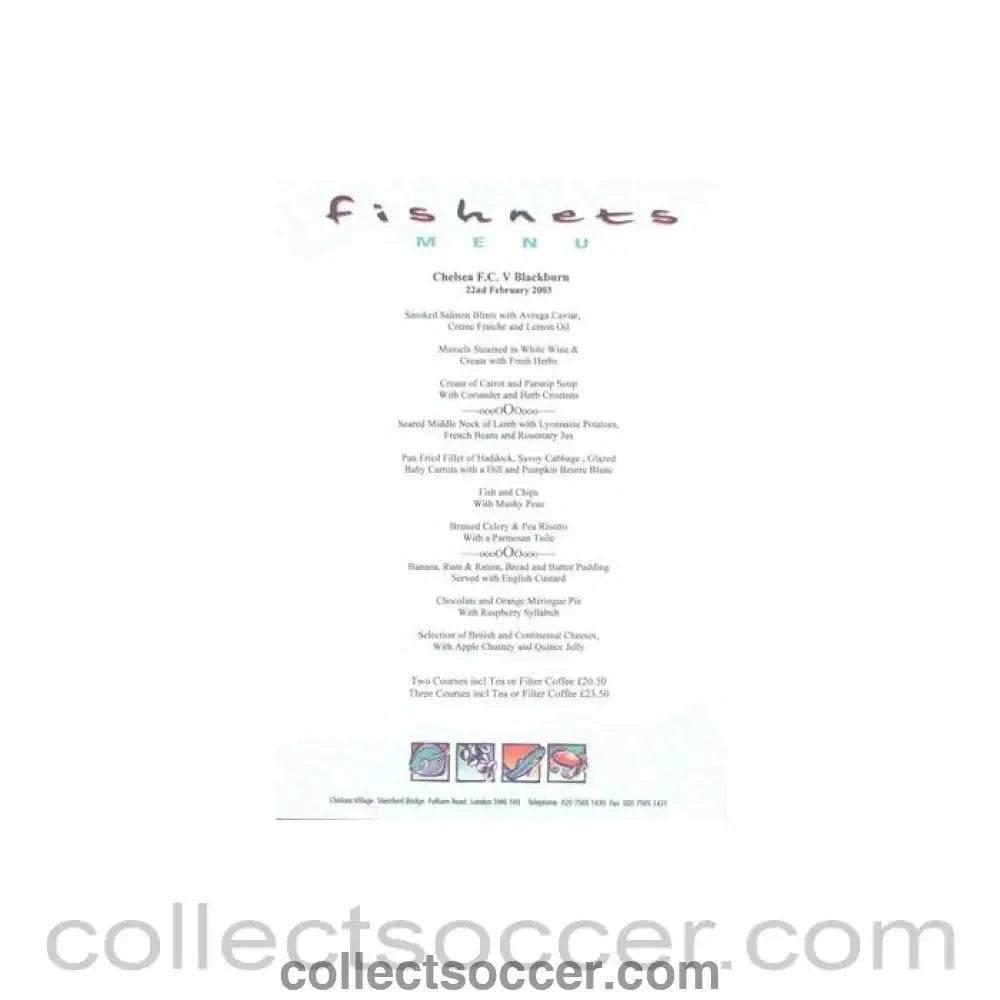 2003 - Chelsea v Blackburn Rovers Fishnets menu 22/02/2003 - Collect Soccer