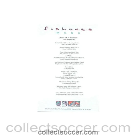 2003 - Chelsea v Blackburn Rovers Fishnets menu 22/02/2003