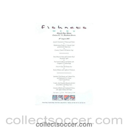 2003 - Chelsea v Blackburn Rovers Fishnets menu 30/08/2003 Premier League - Collect Soccer