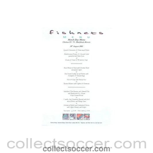 2003 - Chelsea v Blackburn Rovers Fishnets menu 30/08/2003 Premier League
