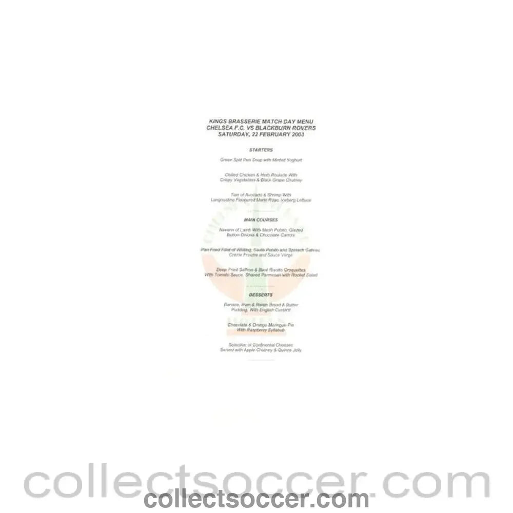 2003 - Chelsea v Blackburn Rovers King's Brasserie menu 22/02/2003 - Collect Soccer