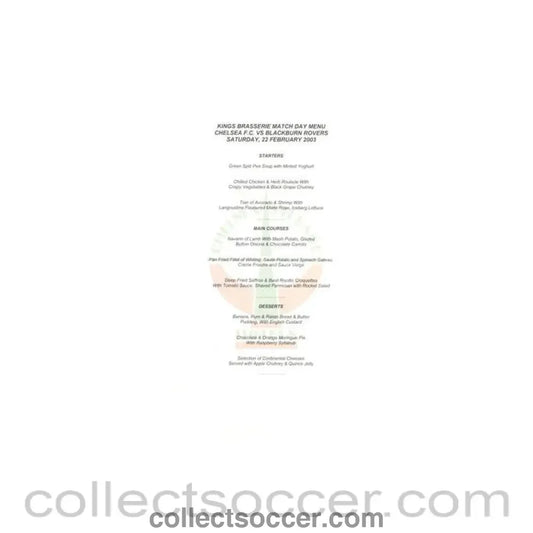 2003 - Chelsea v Blackburn Rovers King’s Brasserie menu 22/02/2003