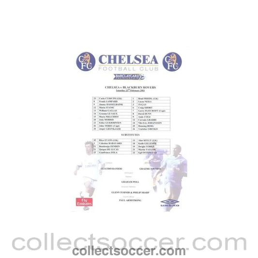 2003 - Chelsea v Blackburn Rovers official colour teamsheet 22/02/2003 Premier League - Collect Soccer