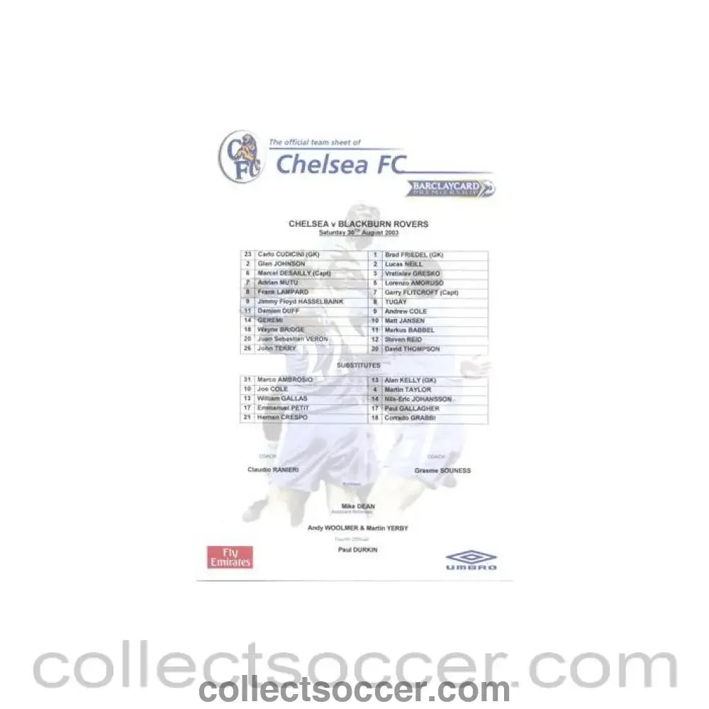 2003 - Chelsea v Blackburn Rovers official colour teamsheet 30/08/2003 Premier League