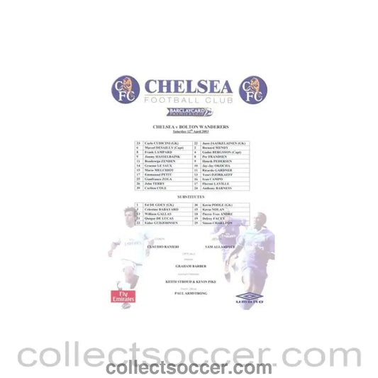 2003 - Chelsea v Bolton Wanderers official colour teamsheet 12/04/2003 Premier League