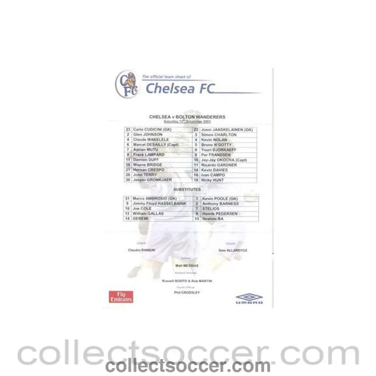 2003 - Chelsea v Bolton Wanderers official colour teamsheet 13/12/2003 - Collect Soccer