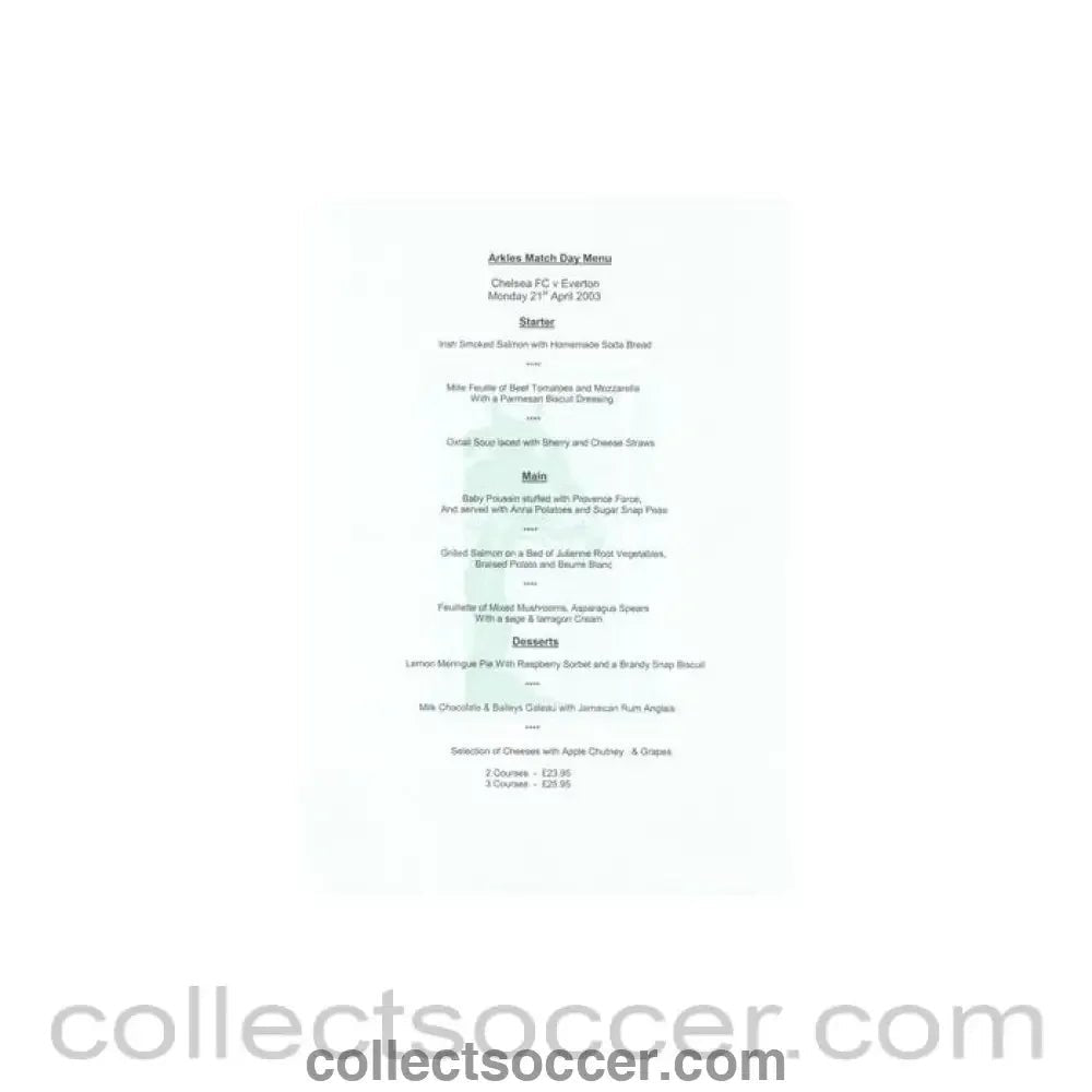 2003 - Chelsea v Everton Arkles menu 21/04/2003 - Collect Soccer