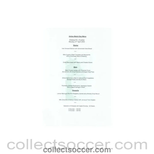 2003 - Chelsea v Everton Arkles menu 21/04/2003