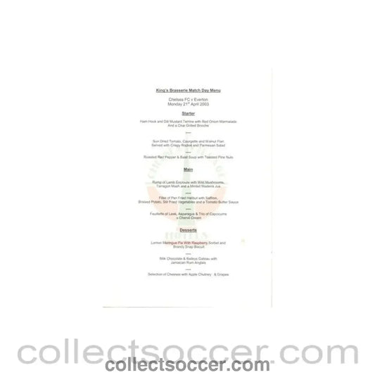 2003 - Chelsea v Everton King’s Brasserie menu 21/04/2003