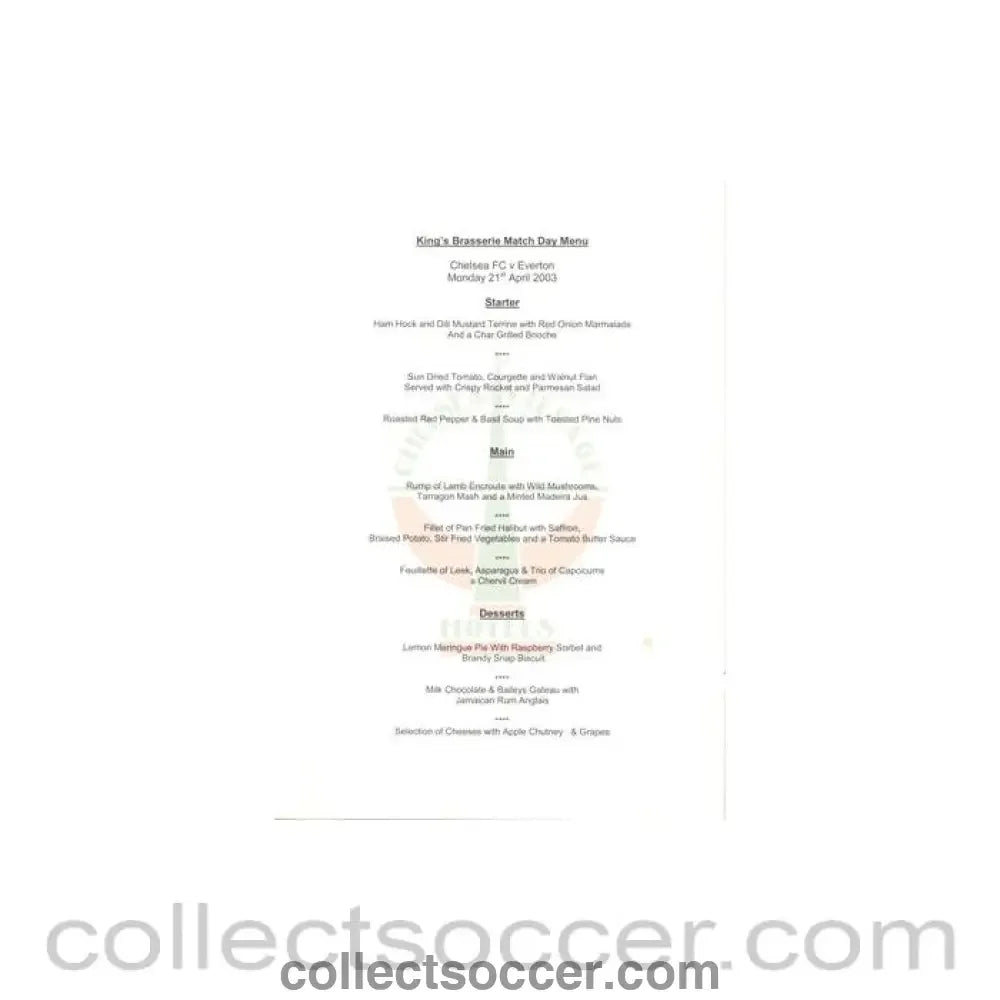 2003 - Chelsea v Everton King's Brasserie menu 21/04/2003 - Collect Soccer