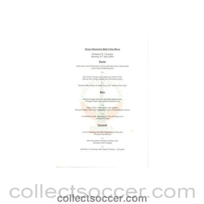 2003 - Chelsea v Everton King's Brasserie menu 21/04/2003 - Collect Soccer