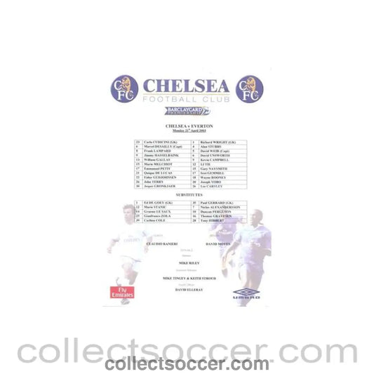 2003 - Chelsea v Everton official colour teamsheet 21/04/2003 Premier League - Collect Soccer