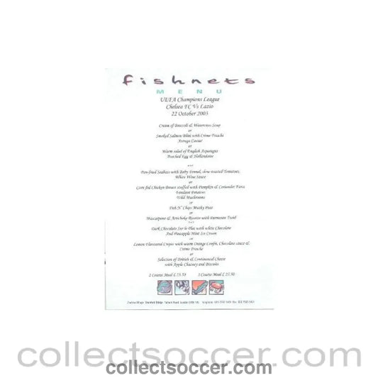 2003 - Chelsea v Lazio Fishnets menu 22/10/2003