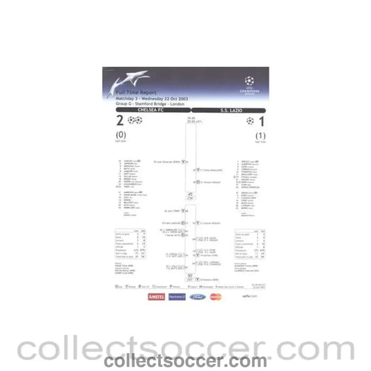 2003 - Chelsea v Lazio Full Time Report 22/10/2003 Champions League