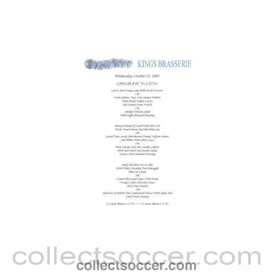 2003 - Chelsea v Lazio Kings Brasserie menu 22/10/2003 - Collect Soccer
