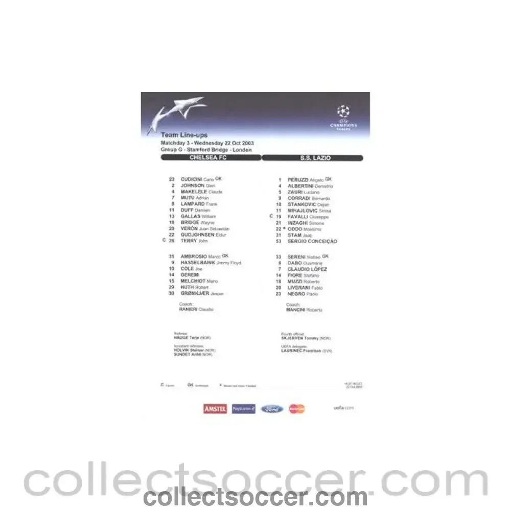2003 - Chelsea v Lazio official colour teamsheet 22/10/2003 Champions League - Collect Soccer