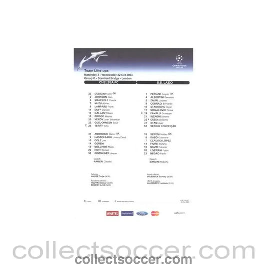 2003 - Chelsea v Lazio official colour teamsheet 22/10/2003 Champions League