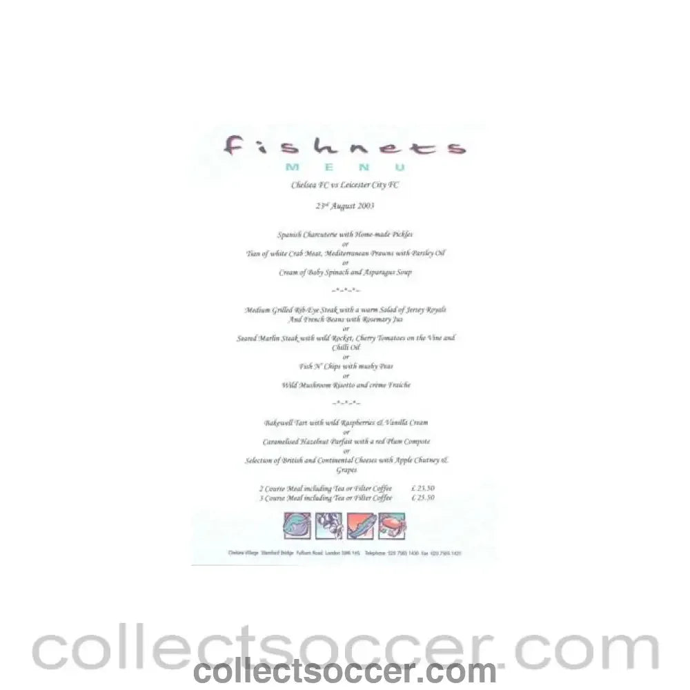 2003 - Chelsea v Leicester City Fishnets menu 23/08/2003 Premier League