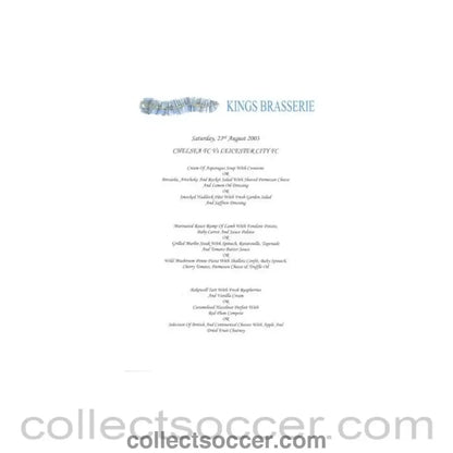 2003 - Chelsea v Leicester City King's Brasserie menu 23/08/2003 Premier League - Collect Soccer