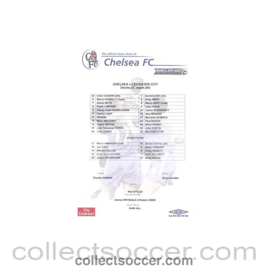 2003 - Chelsea v Leicester City official colour teamsheet 23/08/2003 Premier League - Collect Soccer