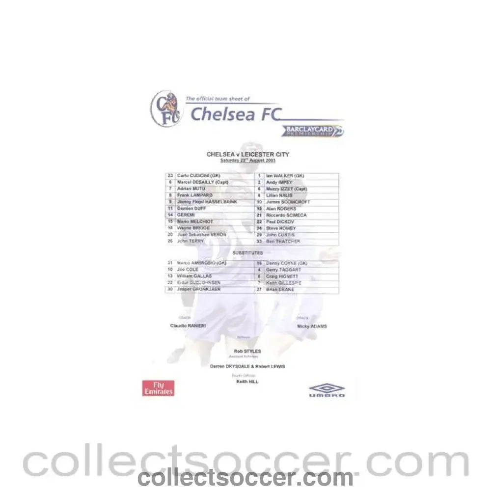 2003 - Chelsea v Leicester City official colour teamsheet 23/08/2003 Premier League - Collect Soccer
