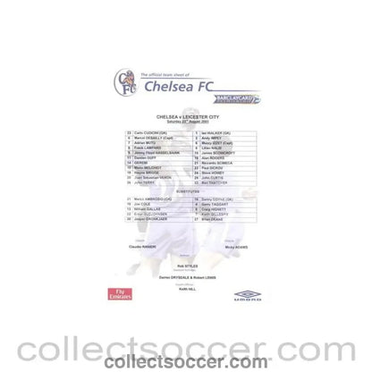 2003 - Chelsea v Leicester City official colour teamsheet 23/08/2003 Premier League - Collect Soccer